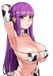 1girl :t animal_print annoyed arm_at_side arm_behind_head arm_up armpits bikini breasts closed_mouth collarbone covered_erect_nipples cow_print cow_print_bikini cow_print_gloves elbow_gloves eyelashes female_focus fern_(sousou_no_frieren) from_side gloves highres huge_breasts long_hair looking_at_viewer looking_to_the_side matching_hair/eyes mole mole_on_armpit navel orgoglioso_banane print_bikini print_gloves purple_eyes purple_hair side-tie_bikini_bottom simple_background solo sousou_no_frieren swimsuit upper_body variant_set white_background