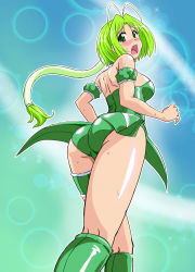 1girl arm_garter ass asu_(hengaya) blue_background blush boots breasts cameltoe choker female_focus frilled_thigh_strap green_eyes green_hair green_leotard green_neckwear highres legs leotard long_hair looking_at_viewer looking_back magical_girl medium_breasts mew_lettuce midorikawa_lettuce open_mouth solo thigh_strap thighs tokyo_mew_mew