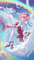 &gt;_&lt; 1girl absurdres air_bubble aqinorz aqua_bow aqua_bowtie aqua_eyes aqua_hair artist_name bow bowtie bubble chinese_text crossed_legs dress gradient_hair hat highres honkai:_star_rail honkai_(series) hyacine_(honkai:_star_rail) little_ica_(honkai:_star_rail) multicolored_hair pantyhose pegasus pink_hair rainbow red_bow red_dress red_hat twintails two-tone_hair white_pantyhose white_wings wings