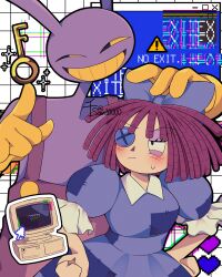 Rule 34 | 1boy, 1girl, absurdres, animal ears, artist name, black eyes, bow, colored sclera, colored teeth, cursor, dress, hair bow, hands on own hips, highres, jax (the amazing digital circus), monitor, overalls, puffy short sleeves, puffy sleeves, purple bow, purple dress, purple overalls, rabbit boy, rabbit ears, ragatha (the amazing digital circus), red hair, senn10000, short hair, short sleeves, the amazing digital circus, yellow sclera, yellow teeth
