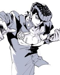 1boy arms_up closed_mouth cocoyy collarbone collared_jacket commentary_request cropped_legs diamond_wa_kudakenai earrings fingernails gakuran hair_over_one_eye heart higashikata_josuke jacket jewelry jojo_no_kimyou_na_bouken long_sleeves male_focus one_eye_covered peace_symbol piercing pompadour popped_collar school_uniform simple_background smile solo stud_earrings white_background