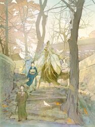 4k123 5boys arm_behind_back bare_tree belt bird black_shoes blue_hanfu branch brown_hair building chinese_clothes floating_hair from_behind full_body green_hair green_hanfu hair_bun hair_pulled_back hanfu highres holding jinguang_budaixi leaf long_hair looking_ahead looking_at_another mo_cangli multiple_boys outdoors pants pink_hanfu ribboned_xiao_guan scroll shoes stairs straight-on sun sunlight tree very_long_hair walking white_pants white_sleeves wide_sleeves xiao_guan_(headdress)