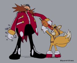 2boys animal_ears artist_name at_gunpoint bald black_pants blue-tinted_eyewear brown_facial_hair clenched_teeth coat commentary dr._eggman english_commentary facial_hair fewer_digits fox_boy fox_ears from_side full_body furry furry_male gloves goggles goggles_on_head grey_background helicopter_tail highres holding holding_weapon long_sleeves male_focus multicolored_shoes multiple_boys multiple_tails mustache pants quaverdraws red_coat red_shoes shoes simple_background sneakers sonic_(series) standing tail tails_(sonic) teeth tinted_eyewear twitter_username two-tone_shoes two_tails v-shaped_eyebrows weapon white_gloves white_shoes yellow_fur