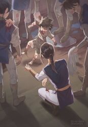 black_hair black_hanfu blood brown_hair child chinese_clothes clothes_grab dirt gzgzmym hanfu highres long_hair long_sleeves male_focus multiple_boys ponytail quan_yizhen squatting tianguan_cifu wavy_hair yin_yu