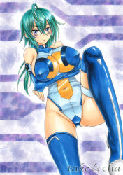 &gt;:( 00s 1girl ahoge artist_name bad_id bad_pixiv_id bare_shoulders blue_thighhighs blush breast_hold breasts covered_erect_nipples covered_navel crossed_arms elbow_gloves facial_mark female_focus fingerless_gloves frown gloves gluteal_fold green_hair huge_breasts kannagi_itsuki knee_up leg_up legs leotard long_hair long_legs looking_at_viewer marker_(medium) nail_polish purple_eyes sideboob solo sora_wo_kakeru_shoujo takecha thighhighs thighs traditional_media v-shaped_eyebrows