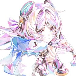 1girl blue_eyes braid celebration citlali_(genshin_impact) commentary cropped_torso facial_mark floating_headgear genshin_impact happy_birthday headgear long_hair long_sleeves multicolored_eyes pink_eyes pink_hair smile solo standing touka_(pixiv71609120) twin_braids two-tone_eyes upper_body white_background