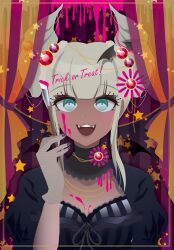 1girl blood blood_drip blunt_bangs blush breasts cleavage commentary_request curtains danganronpa_(series) danganronpa_v3:_killing_harmony dark-skinned_female dark_skin eyelashes fangs green_eyes hair_ornament halloween halloween_costume horns jewelry long_hair looking_at_viewer makeup mini_wings nail_polish necklace open_mouth pink_blood portrait ringed_eyes smile solo teeth trick_or_treat white_hair wings yayuyo_(kana_toco) yonaga_angie