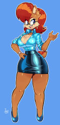 1girl absurdres bare_legs blue_eyes blush bra breasts brown_hair choker cleavage curvy female_focus full_body furry furry_female glasses hand_on_own_hip highres jamoart large_breasts medium_hair sally_acorn secretary simple_background solo sonic_(series) tail thick_thighs thighs underwear watch wide_hips