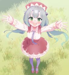 1girl :d arbiter1 azur_lane blush breasts buttons commentary dress english_commentary fang floating_hair frilled_dress frills from_above full_body glowworm_(azur_lane) grass green_hair grey_hair hands_up highres long_hair long_sleeves looking_up low_twintails maid_headdress mary_janes mixed-language_commentary multicolored_hair necktie open_mouth outdoors purple_necktie purple_thighhighs red_dress red_shoes ribbed_thighhighs ribbon shadow shoes short_dress small_breasts smile solo standing striped_ribbon tachi-e tearing_up thighhighs tongue twintails two-tone_hair zettai_ryouiki