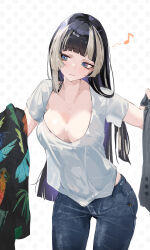 1girl absurdres alternate_costume black_hair blonde_hair blue_pants blush breasts closed_mouth commentary_request cowboy_shot denim highres holding holding_unworn_clothes hololive hololive_dev_is jeans juufuutei_raden large_breasts long_hair looking_at_object menomeno_draw multicolored_hair pants polka_dot polka_dot_background purple_eyes shirt short_sleeves simple_background solo streaked_hair virtual_youtuber white_background white_shirt