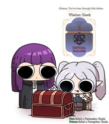 2girls annoyed black_cloak black_pants boots brown_footwear cartoonized chibi cloak commentary d20_(die) dice dungeons_&amp;_dragons english_commentary english_text fern_(sousou_no_frieren) frieren gameplay_mechanics grey_hair highres hood hood_down hooded_cloak long_hair miyan_(oceanmaiden) multiple_girls open_hands pants pointy_ears polyhedral_dice purple_hair smile sousou_no_frieren tongue tongue_out toon_(style) treasure_chest twintails