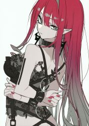 1girl absurdres arms_behind_back baobhan_sith_(fate) bound bound_arms breasts collar earrings fate/grand_order fate_(series) from_behind grey_eyes harness highres jewelry long_hair looking_at_viewer mochizuki_kei non-web_source pink_hair pointy_ears scan sidelocks solo white_background