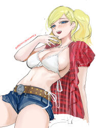 1girl absurdres bikini blonde_hair blue_eyes blue_shorts blush breasts cosplay denim denim_shorts highres kwon_eun-bi kwon_eun-bi_(cosplay) large_breasts long_hair looking_at_viewer navel nero_watch open_clothes open_mouth open_shirt persona persona_5 shirt shorts smile solo stomach swimsuit takamaki_anne twintails white_bikini