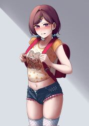 1girl akiya_0919 alternate_hairstyle backpack bag blue_scrunchie blush breasts brown_hair clenched_teeth collarbone commentary_request cowboy_shot denim denim_shorts embarrassed fingernails flower_hairpin food-themed_hair_ornament hair_ornament hairpin hashtag-only_commentary heart heart_print highres higuchi_madoka idolmaster idolmaster_shiny_colors medium_breasts midriff mole mole_under_eye nail_polish navel open_fly orange_shirt panties pink_nails print_panties print_shirt print_thighhighs purple_eyes randoseru scrunchie shirt short_hair short_sleeves short_twintails shorts solo standing star_(symbol) star_panties star_print strawberry_hair_ornament tears teeth thighhighs twintails undersized_clothes underwear