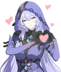 1girl absurdres adapted_costume asiri_senpai black_gloves black_swan_(honkai:_star_rail) bracelet commentary commission commissioner_upload gloves hair_between_eyes head_tilt heart heart_hands highres honkai:_star_rail honkai_(series) jewelry long_hair looking_at_viewer non-web_source purple_eyes purple_hair simple_background smile solo upper_body veil very_long_hair white_background