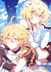 1boy 1girl aether_(genshin_impact) ahoge arm_armor black_gloves blonde_hair braid brother_and_sister brown_shirt closed_mouth earrings genshin_impact gloves hair_between_eyes hair_ornament highres jewelry long_sleeves romper scarf shirt short_hair siblings single_braid single_earring twins white_romper white_scarf x6vrego9 yellow_eyes