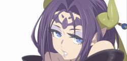 1girl bare_shoulders blue_eyes close-up demon_girl demon_horns digimon digimon_(creature) eyelashes eyeshadow facial_mark forehead_mark horns lilithmon makeup pointy_ears purple_eyeshadow purple_lips simple_background solo taira_(tairamon) white_background