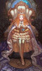 Rule 34 | 1girl, absurdres, alice (alice in wonderland), alice&#039;s adventures in wonderland, alphonse (white datura), bird, blonde hair, blue eyes, cape, crow, dress, frilled dress, frills, globus cruciger, gloves, highres, holding, holding scepter, long hair, looking at viewer, original, scepter, solo, throne
