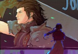 1boy 1girl aerith_gainsborough armor billboard black_gloves black_hair blue_eyes blue_sweater buster_sword closed_mouth commentary cowboy_shot crisis_core_final_fantasy_vii cross_scar dress earrings english_commentary facial_scar final_fantasy final_fantasy_vii final_fantasy_vii_rebirth final_fantasy_vii_remake from_behind gloves hair_ribbon hair_slicked_back highres holding holding_sword holding_weapon huge_weapon jacket jewelry lips long_hair looking_at_another meme pink_dress pink_lips pink_ribbon ponytail poster_(object) red_jacket ribbed_sweater ribbon scar scar_on_cheek scar_on_face short_sleeves shoulder_armor sleeveless sleeveless_turtleneck stud_earrings suspenders sweater sword three_quarter_view torufinn_(ermine_foster) turtleneck turtleneck_sweater twitter_username upper_body veil_(manga) veil_scene_14_redraw_(meme) weapon zack_fair