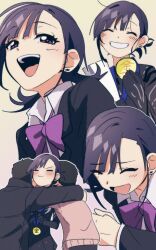 Rule 34 | 1boy, 1girl, :d, black hair, blush, closed eyes, figure skating dress, gold medal, gori seiji, grin, highres, hug, medalist (manga), multiple views, necktie, nzeneee, okazaki iruka, open mouth, purple necktie, school uniform, shirt, smile, teeth, white shirt