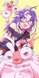 Rule 34 | 1girl, antenna hair, artagoneztic, bone hair ornament, choker, collarbone, commentary, english commentary, fang, glasses, hair ornament, highres, jacket, jared (michi mochievee), lipstick, long hair, long sleeves, looking at viewer, makeup, michi mochievee, michi mochievee (teen), multicolored eyes, multicolored hair, official alternate costume, one side up, open clothes, open jacket, open mouth, pink eyes, purple eyes, purple hair, purple lips, purple nails, shirt, single bare shoulder, single off shoulder, smile, star (symbol), star hair ornament, stitched face, stitches, streaked hair, torn clothes, torn shirt, two-tone eyes, two-tone hair, v, virtual youtuber, vshojo, white hair