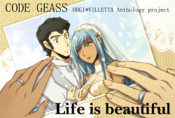 1boy 1girl black_hair blush bow bowtie breasts bridal_veil cleavage code_geass couple dark_skin dress formal_clothes holding_hands hetero husband_and_wife jacket jewelry lipstick long_hair makeup ohgi_kaname photo_(object) red_lips ring shirt short_hair silver_hair suit uzura_(suzukane) veil villetta_nu wedding wedding_band wedding_dress white_shirt yellow_eyes