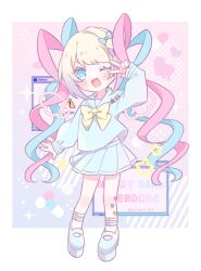 1girl ;d blonde_hair blue_bow blue_eyes blue_hair blue_serafuku blue_shirt blue_skirt bow chouzetsusaikawa_tenshi-chan full_body hair_bow hand_up heart highres kuzuhara_kazuya long_hair long_sleeves looking_at_viewer multicolored_hair needy_girl_overdose one_eye_closed open_mouth pill pink_background pink_hair pleated_skirt purple_bow quad_tails sailor_collar school_uniform serafuku shirt sign skirt smile solo standing star_(symbol) v v_over_eye very_long_hair warning_sign window_(computing) yellow_bow