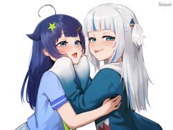 blue_eyes blue_hair blush commission commissioner_upload dreizerel gawr_gura gawr_gura_(1st_costume) grabbing_another&#039;s_face head_grab holding_another&#039;s_waist hololive hololive_english hood hoodie indie_virtual_youtuber looking_at_viewer saliva saliva_trail school_uniform senzawa smug tongue tongue_out virtual_youtuber white_hair yuri