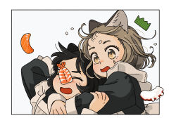 2girls akai_sashimi animal_ears apron black_dress black_hair brown_hair closed_eyes commentary dress fish_(food) food food_on_face furrowed_brow hand_on_another&#039;s_arm highres hug hug_from_behind long_sleeves medium_hair multiple_girls nigirizushi octopus open_mouth original puffy_long_sleeves puffy_sleeves rice salmon shrimp sushi symbol-only_commentary white_apron yellow_eyes