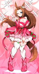 1girl absurdres animal_ears blowing_kiss blue_eyes breasts brown_hair flower hair_flower hair_ornament highres horse_ears horse_girl horse_tail kawakami_princess_(umamusume) large_breasts long_hair looking_at_viewer one_eye_closed pandain ponytail precure skirt smile_precure! solo tail umamusume