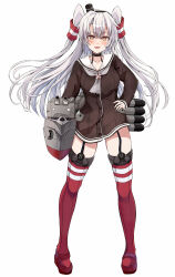 Rule 34 | 1girl, amatsukaze (kancolle), black choker, brown dress, brown eyes, choker, dairyo3, dress, full body, garter straps, grey hair, grey neckerchief, hair tubes, hat, highres, kantai collection, lifebuoy ornament, machinery, mini hat, neckerchief, red thighhighs, rensouhou-kun, sailor dress, short dress, simple background, smokestack hair ornament, solo, standing, striped clothes, striped thighhighs, thighhighs, torpedo launcher, two side up, white background