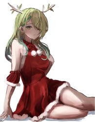 1girl absurdres antlers arm_strap braid braided_bangs branch ceres_fauna christmas commentary dress earrings ethizal expressionless green_eyes green_hair hair_branch hair_over_one_eye hand_on_own_chest hand_up highres hololive hololive_english horns jewelry long_hair looking_at_viewer pom_pom_(clothes) red_dress santa_costume santa_dress simple_background sitting sleeveless sleeveless_dress solo thighs tree_horns virtual_youtuber white_background