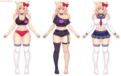 1girl ahoge animal_ears asymmetrical_legwear belt black_belt black_gloves black_nails black_shirt black_shorts black_sports_bra black_thighhighs blonde_hair blue_skirt blush bow breasts buruma cat_ears cat_girl choker cleavage collarbone fishnet_gloves fishnet_thighhighs fishnets garter_straps gloves hair_bow heart heart_print highres indie_virtual_youtuber large_breasts long_hair long_sleeves low_twintails midriff mismatched_legwear multicolored_hair multiple_views navel neckerchief nottytiffy off-shoulder_shirt off_shoulder open_mouth original paw_print print_shirt print_sports_bra red_bow red_buruma red_eyes red_hair red_neckerchief school_uniform shirt short_sleeves shorts single_garter_strap single_glove skirt smile spiked_choker spikes sports_bra standing streaked_hair thighhighs tiffy_(nottytiffy) twintails virtual_youtuber white_background white_shirt white_thighhighs
