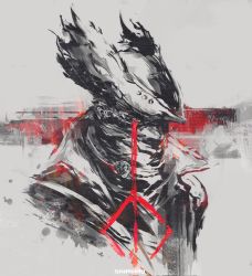 1boy bicorne bloodborne coat commentary english_commentary hat highres hunter_(bloodborne) looking_at_viewer male_focus red_eyes sanpaku shimhaq solo upper_body