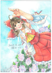 1girl absurdres artist_name ascot blush bow brown_eyes brown_hair chest_sarashi commentary_request dated detached_sleeves flower frilled_bow frilled_hair_tubes frilled_skirt frills hair_bow hair_tubes hakurei_reimu highres long_hair open_mouth red_bow red_skirt ribbon-trimmed_sleeves ribbon_trim sarashi shin1ar24 skirt skirt_set smile solo teeth touhou traditional_media upper_teeth_only watercolor_pencil_(medium) yellow_ascot