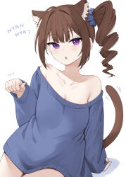 1girl ahoge animal_ear_fluff animal_ears armpit_crease bare_shoulders binsen blue_scrunchie blue_sweater blunt_bangs breasts brown_hair brown_tail cat_ears cat_tail cleavage collarbone cowboy_shot curtained_hair dot_nose dress drill_hair eyelashes hair_ornament hair_scrunchie highres idolmaster idolmaster_million_live! idolmaster_million_live!_theater_days invisible_chair light_blush looking_at_viewer motion_lines nyan off-shoulder_sweater off_shoulder open_mouth paw_pose purple_eyes scrunchie side_drill sitting sleeves_past_wrists solo sweater sweater_dress tail thighs yokoyama_nao