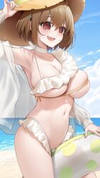 1girl :d @_@ absurdres adapted_costume adjusting_clothes adjusting_headwear ahoge arm_up armpits bikini blue_sky blush breasts brown_hair choker cleavage cloud commentary cowboy_shot day english_commentary frilled_bikini frills harusaki_nodoka harusaki_nodoka_(holonatsu_paradise) hat highres holding holding_swim_ring hololive innertube large_breasts navel ocean open_mouth outdoors red_eyes revealing_clothes ribbon_choker see-through_clothes short_hair sky smile solo somebody_(leiking00) standing stomach straw_hat sun_hat swim_ring swimsuit swimsuit_cover-up thighs virtual_youtuber wavy_mouth white_bikini