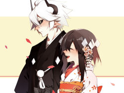 1boy 1girl 3188924594 black_hair blush closed_eyes couple demon etihw flower funamusea haiiro_teien hair_flower hair_ornament happy horns japanese_clothes kcalb kimono lipstick looking_at_another makeup obi petals sash sayagata short_hair sidelocks smile wedding white_hair