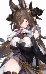 1girl absurdres aki663 animal_ears bare_shoulders belly_chain black_dress black_thighhighs blush breasts brown_hair closed_eyes detached_sleeves dress earrings extra_ears galleon_(granblue_fantasy) gloves granblue_fantasy heart heart_hands highres horns jewelry large_breasts long_hair multicolored_hair necklace pelvic_curtain pointy_ears smile solo streaked_hair swept_bangs thigh_strap thighhighs thighs two-tone_dress white_dress white_gloves wide_sleeves
