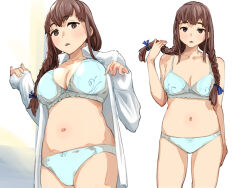 1girl arm_at_side blue_ribbon blush bra braid breasts brown_eyes cleavage hair_ribbon hands_up highres long_sleeves looking_at_viewer medium_breasts multiple_views navel open_clothes open_shirt original panties ribbon shirt sleeves_past_wrists standing toru_engawa twin_braids twintails underwear white_shirt