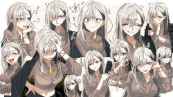 1girl black_hair blush closed_eyes collared_shirt colored_inner_hair earrings embarrassed grey_hair grey_shirt grin hair_over_one_eye hand_on_own_face highres higuchi_kaede higuchi_kaede_(16th_costume) jewelry laughing long_hair long_sleeves midriff mole mole_under_eye multicolored_hair nijisanji official_alternate_costume open_mouth paddy_field purple_eyes shirt sigh smile virtual_youtuber