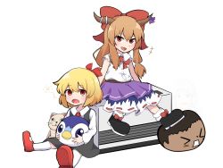 2girls bad_id bad_pixiv_id black_dress blonde_hair bow brown_hair collared_shirt commentary_request cookie_(touhou) dress full_body gen_4_pokemon genpatsu_(cookie) hair_bow hair_ribbon highres horns ibuki_suika izayoi_sakuya long_hair looking_at_viewer manatsu_no_yo_no_inmu miura_cat multiple_girls nadeko_(cookie) nintendo open_mouth piplup pokemon pokemon_(creature) purple_skirt red_bow red_eyes red_footwear red_ribbon ribbon rumia shirt shoes short_hair sitting skirt smile socks totozame touhou v-shaped_eyebrows white_background white_legwear white_shirt yajuu_senpai yamin_(cookie)