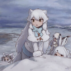 4girls animal_ears arctic_fox_(kemono_friends) arctic_hare_(kemono_friends) arctic_wolf_(kemono_friends) bear_ears bear_girl black_hair blue_bow blue_bowtie blue_skirt blush bow bowtie brown_eyes capelet coat elbow_gloves extra_ears fox_ears fox_girl fox_tail fur_collar fur_trim gloves grey_hair grey_skirt hair_between_eyes highres kemono_friends long_hair long_sleeves lying mountainous_horizon multicolored_hair multiple_girls on_back open_mouth orange_eyes pantyhose paw_stick plaid_clothes plaid_skirt plaid_trim pleated_skirt polar_bear_(kemono_friends) rabbit_ears rabbit_girl rabbit_tail rumenia_(ao2is) short_hair short_sleeves sidelocks skirt snow tail two-tone_hair white_bow white_bowtie white_capelet white_coat white_fur white_gloves white_hair white_pantyhose winter_clothes winter_coat wolf_ears wolf_girl wolf_tail