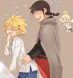 1other 2boys angel black_hair black_shirt blonde_hair blush brown_background chibi cloak crimvael drunk elf facial_hair finger_to_mouth floating hair_ornament halo humping ishuzoku_reviewers komiya_harumoto long_hair male_focus multiple_boys pants pointy_ears red_pants sexually_suggestive shirt shota simple_background squeans stubble stunk sweatdrop table translated x_hair_ornament yaoi zel_(ishuzoku_reviewers)