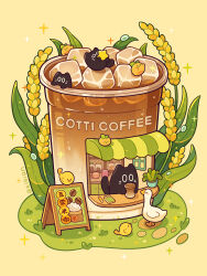 absurdres animal animal_focus bird black_cat cat chibi chibi_only chinese_commentary coffee commentary_request cup disposable_coffee_cup disposable_cup duck highres ice ice_cube menu_board no_humans notepad original pencil simple_background sparkle tail wheat xiqian yellow_background