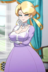 1girl blonde_hair blue_eyes braid breasts choker collar collarbone creatures_(company) dress eyeshadow game_freak glacia_(pokemon) gloves highres juliet_sleeves large_breasts long_sleeves low-cut makeup nintendo pokemon pokemon_oras puffy_short_sleeves puffy_sleeves purple_dress purple_eyeshadow quad_tails short_hair short_sleeves three-quarter_sleeves solo upper_body white_choker white_gloves yensh