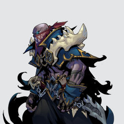 1boy bald cowboy_shot dagger glowing glowing_eyes gradient_background hook knife league_of_legends male_focus mask official_art promotional_art pyke pyke_(league_of_legends) ruined_king:_a_league_of_legends_story weapon