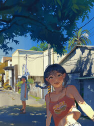 2girls :d amo_(amo_0514) armpit_crease awning bare_arms bare_shoulders black_hair black_sandals blue_dress blue_eyes blue_sky braid breasts building bush camisole cleavage clothes_writing collarbone commentary_request dappled_sunlight day door double-parted_bangs dress floating_clothes floating_hair freckles full_body hair_between_eyes highres leaning_to_the_side long_hair looking_at_viewer low_twin_braids medium_breasts medium_hair midriff_peek multiple_girls no_bra open_mouth original outdoors palm_tree ponytail power_lines print_camisole raised_eyebrows red_camisole road sandals sky sleeveless sleeveless_dress slides smile standing summer sunlight teeth tree tree_shade turning_head twin_braids upper_body upper_teeth_only utility_pole