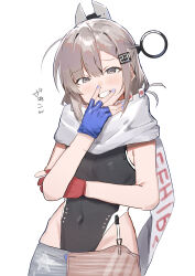 Rule 34 | 1girl, absurdres, american flag, american flag print, asymmetrical gloves, black one-piece swimsuit, blue nails, blush, breasts, brown eyes, clothes writing, commentary, covered navel, denim, denim skirt, fingerless gloves, flag print, gloves, grey hair, grin, hand to own mouth, headgear, highres, kantai collection, looking at viewer, mismatched gloves, nail polish, one-piece swimsuit, red gloves, scarf, shishamo (domado), simple background, skirt, smile, smug, solo, swimsuit, translation request, wahoo (kancolle), white background, white scarf