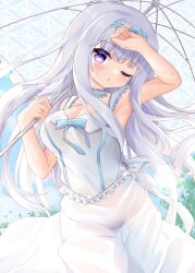 1girl :o armpits blue_hairband blue_skirt blue_umbrella bow_hairband breasts cleavage collar day detached_collar dress frilled_collar frills hairband highres hikawa_rina hiyada_yuu holding holding_umbrella hot long_hair looking_at_viewer medium_breasts one_eye_closed outdoors parted_lips polka_dot polka_dot_background purple_eyes sakura_no_uta skirt sleeveless sleeveless_dress solo standing straight_hair sweat tree umbrella white_collar white_dress white_hair